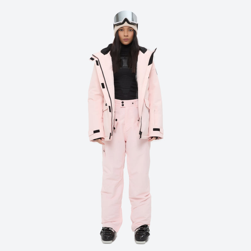 Women's waterproof 2L ski jacket and pants set - light pink jacket with light pink pants, for cold-weather winter sports