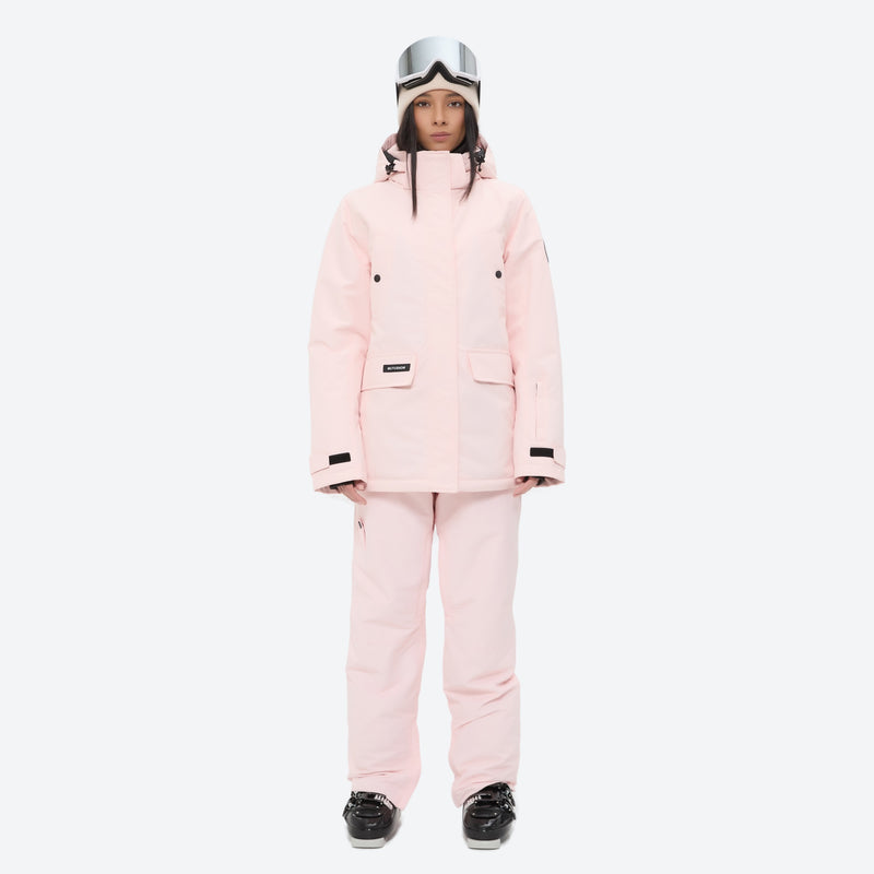 Women's breathable snow jacket with suspender pants - light pink jacket with light pink pants, for skiing and snowboarding