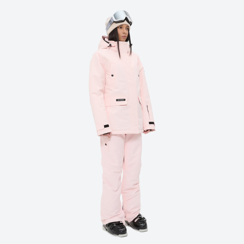 Women's breathable snow jacket with suspender pants - light pink jacket with light pink pants, for snowy mountain travel