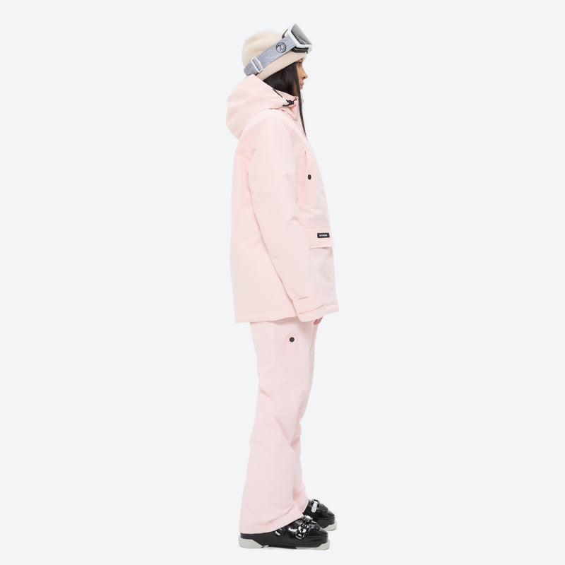 Women's 2-layer insulated ski suit - light pink jacket with light pink pants, on-model side view, for skiing and snowboarding