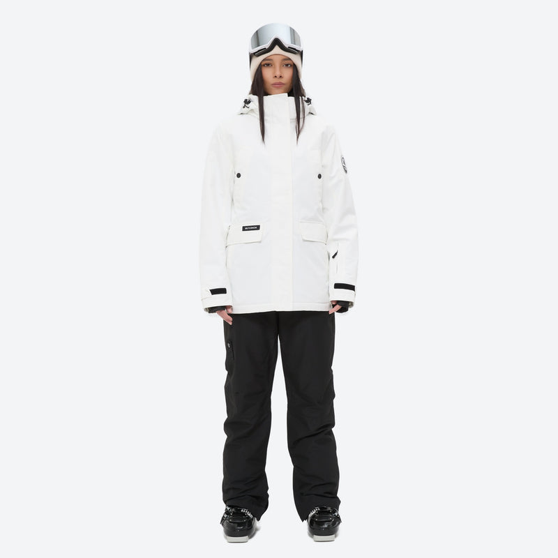 Women's waterproof 2L ski jacket and pants set - white jacket with black pants, for skiing and snowboarding