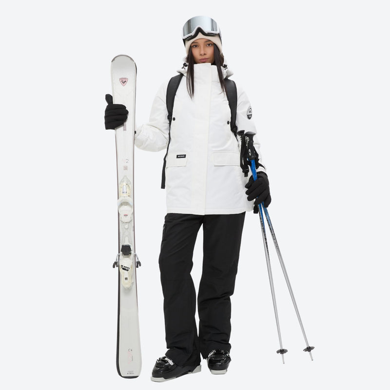 Women's breathable snow jacket with suspender pants - white jacket with black pants, for resort and cross-country days