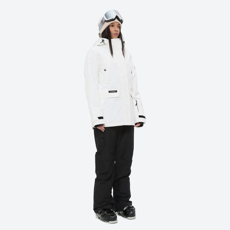 Women's waterproof 2L ski jacket and pants set - white jacket with black pants, for snowy mountain travel