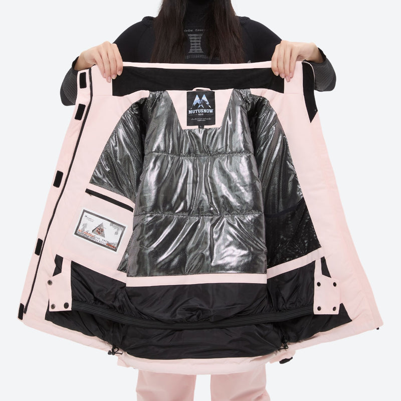 Women's breathable snow jacket with suspender pants - light pink, interior lining open flat detail, for snowy mountain travel