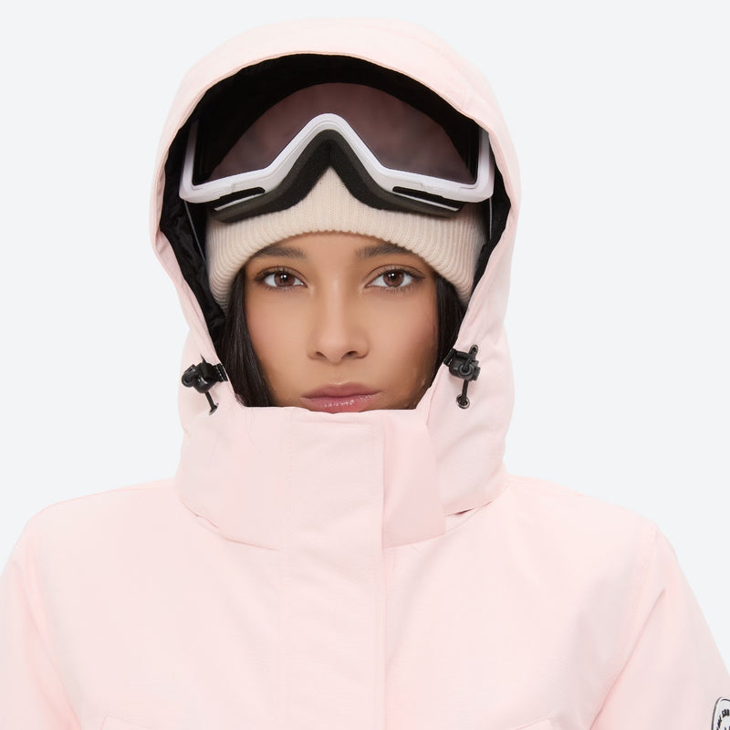 Women's 2-layer insulated ski suit - light pink, hood and face close-up with goggles, for skiing and snowboarding
