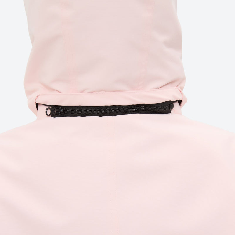 Women's waterproof 2L ski jacket and pants set - light pink, back hood close-up detail, for resort and cross-country days