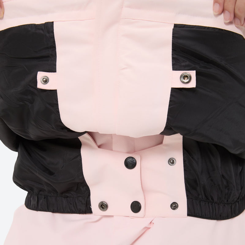 Women's breathable snow jacket with suspender pants - light pink, inner snow skirt close-up detail, for snowy mountain travel