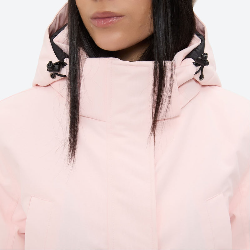 Women's breathable snow jacket with suspender pants - light pink, collar close-up detail, for cold-weather winter sports