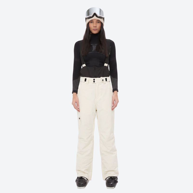 Women's 2-layer insulated ski suit - cream snow pants, on-model front view, for snowy mountain travel