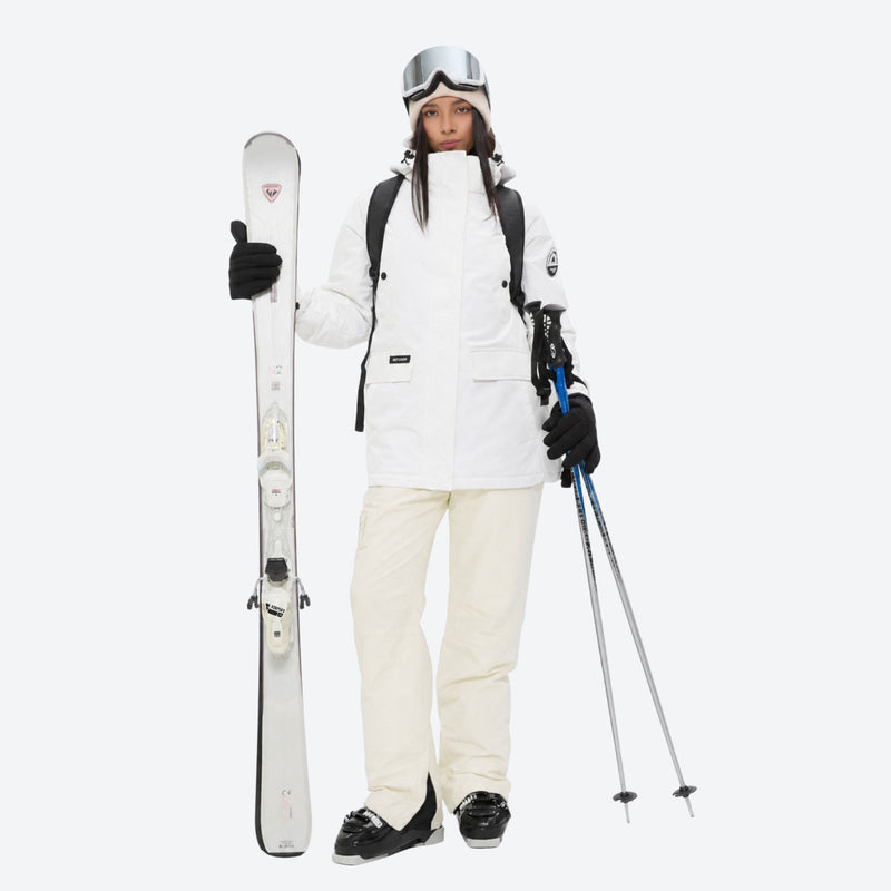 Women's 2-layer insulated ski suit - white jacket with cream pants, for snowy mountain travel