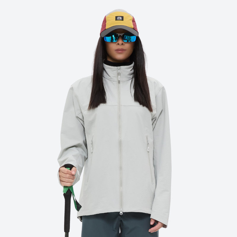 Women's waterproof softshell lightweight jacket - white softshell jacket, on-model front view, for travel and daily commute