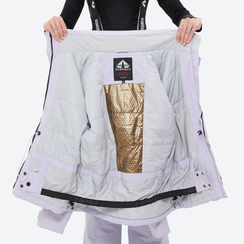 Women's 3-layer breathable ski suit - white, interior lining open flat detail, for snowy mountain travel