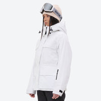 
                  
                    Women's waterproof 3L ski jacket and pants set - white, on-model hood side view, for snowy mountain travel
                  
                