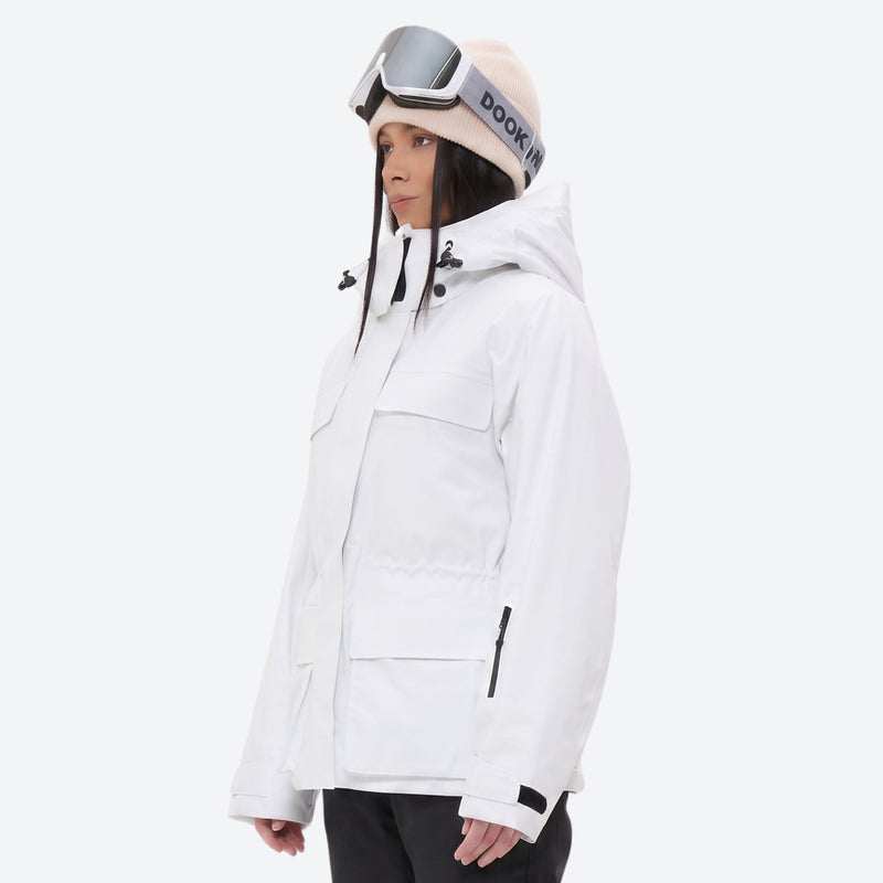 Women's waterproof 3L ski jacket and pants set - white, on-model hood side view, for snowy mountain travel