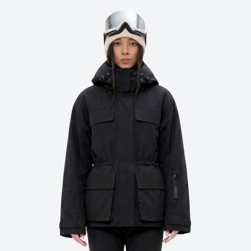Women's waterproof 3L ski jacket and pants set - black, on-model front view, for resort and cross-country days