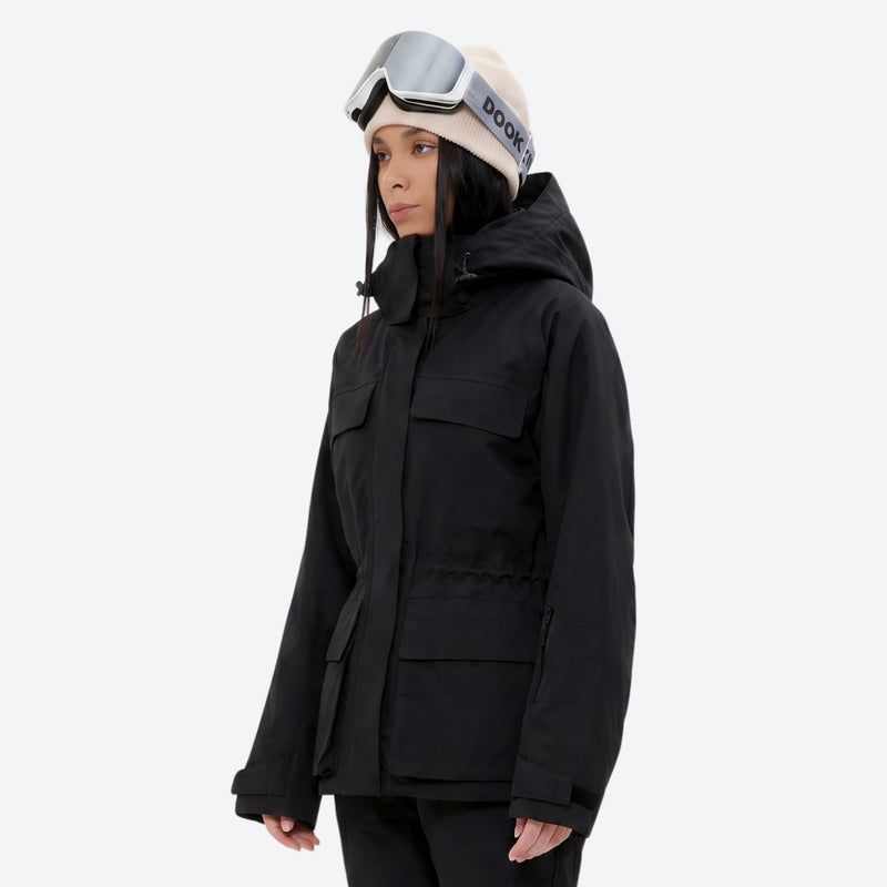 Women's 3-layer breathable ski suit - black, on-model hood side view, for snowy mountain travel