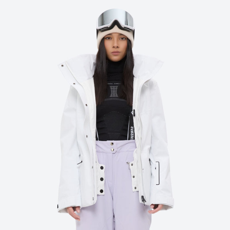 Women's belted snow jacket with suspender pants - white jacket with lavender pants, for cold-weather winter sports