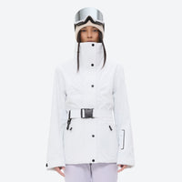 
                  
                    Women's 3-layer breathable ski suit - white jacket with lavender pants, on-model front view, for skiing and snowboarding
                  
                
