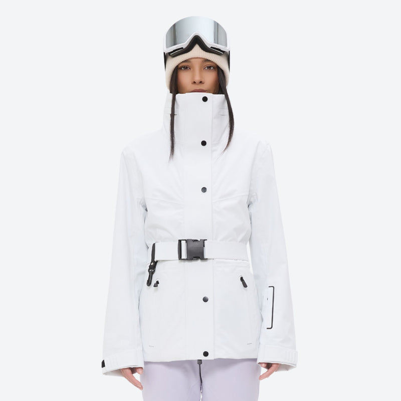 Women's 3-layer breathable ski suit - white jacket with lavender pants, on-model front view, for skiing and snowboarding