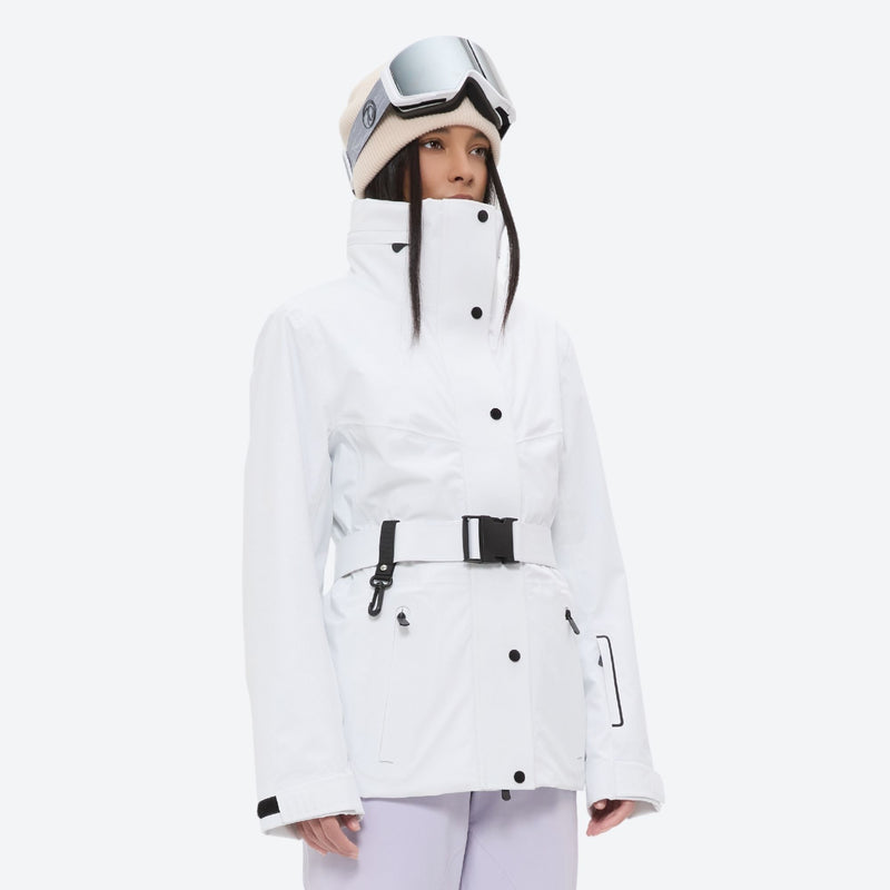 Women's 3-layer breathable ski suit - white jacket with lavender pants, for snowy mountain travel