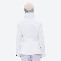 
                  
                    Women's belted snow jacket with suspender pants - white jacket with lavender pants, for resort and cross-country days
                  
                