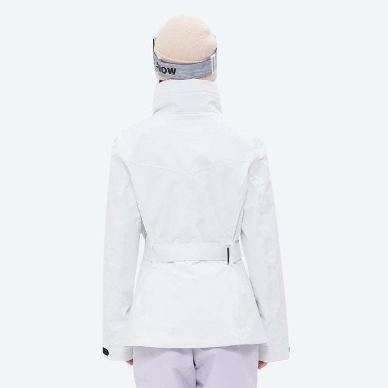 Women's belted snow jacket with suspender pants - white jacket with lavender pants, for resort and cross-country days