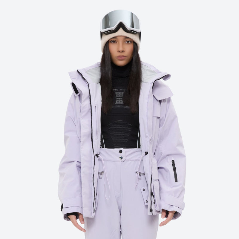 Women's belted snow jacket with suspender pants - lavender, open front interior lining detail, for snowy mountain travel