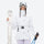 Women's waterproof 3L ski jacket and pants set - white, front with upright skis and poles, for resort and cross-country days