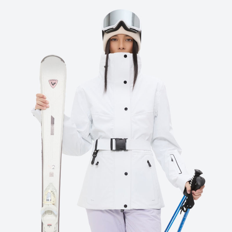 Women's waterproof 3L ski jacket and pants set - white, front with upright skis and poles, for resort and cross-country days