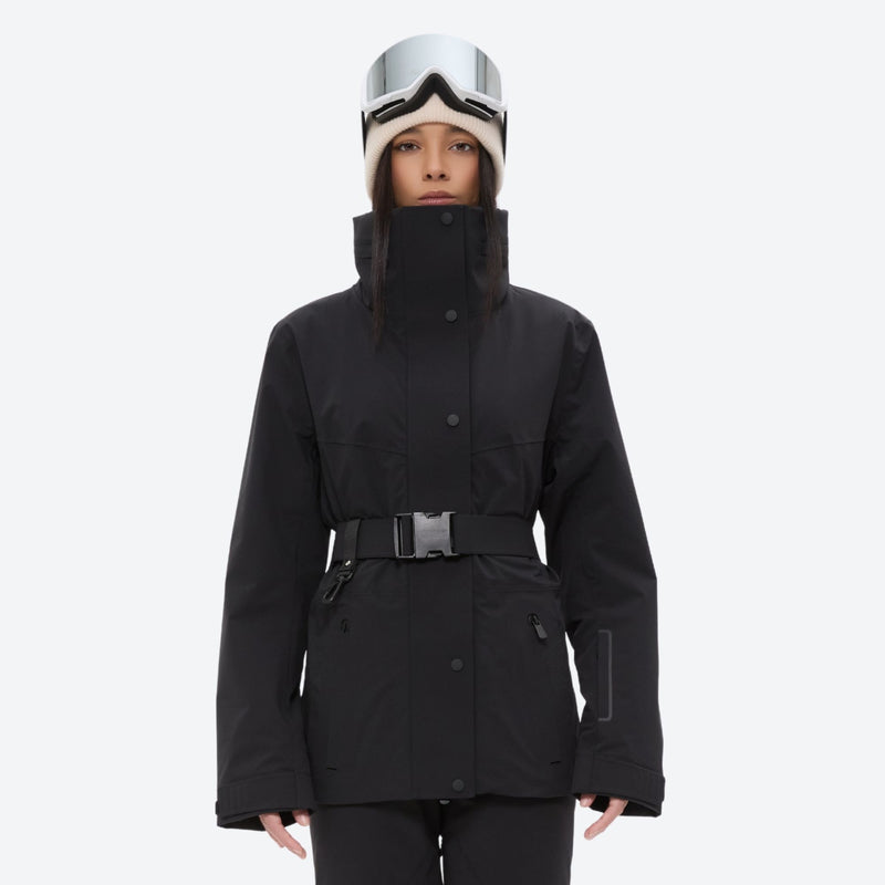 Women's waterproof 3L ski jacket and pants set - black, on-model front view, for skiing and snowboarding