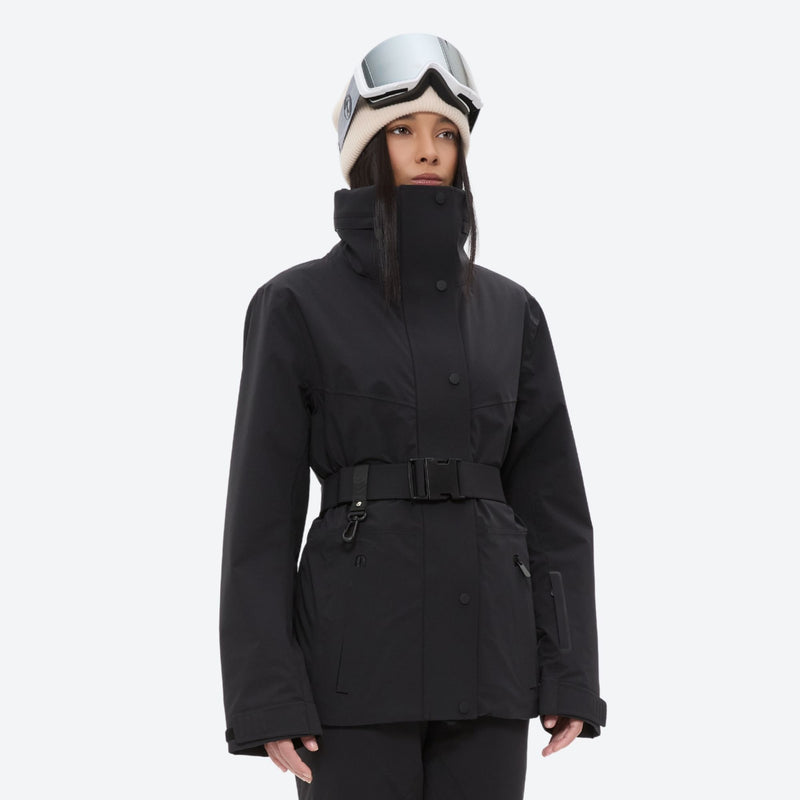 Women's 3-layer breathable ski suit - black jacket with black pants, on-model front view, for cold-weather winter sports