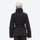 Women's belted snow jacket with suspender pants - black, on-model back hood view, for snowy mountain travel