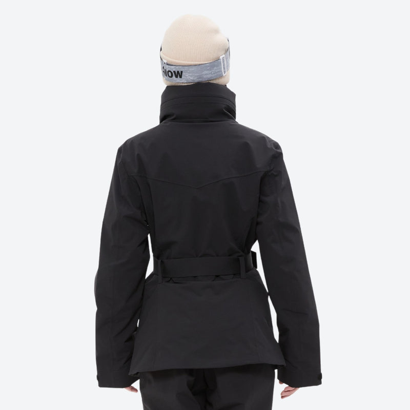 Women's belted snow jacket with suspender pants - black, on-model back hood view, for snowy mountain travel