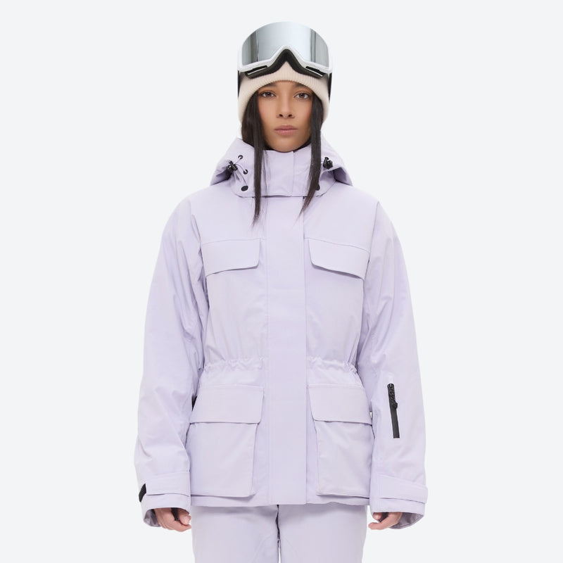 Women's 3-layer breathable ski suit - lavender, on-model front view, for resort and cross-country days