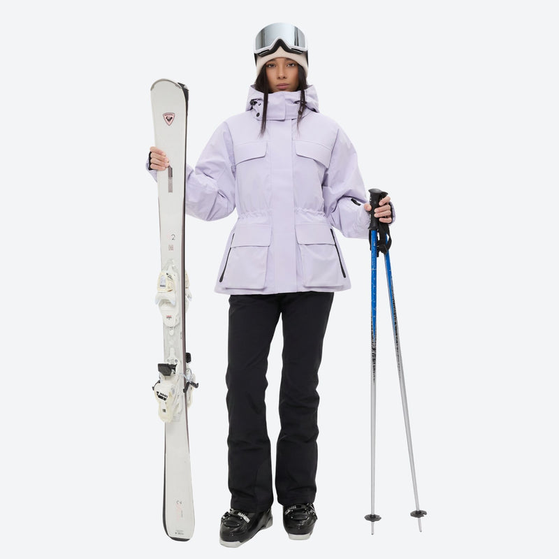 Women's belted snow jacket with suspender pants - lavender jacket with black pants, for cold-weather winter sports