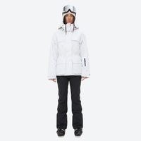 
                  
                    Women's waterproof 3L ski jacket and pants set - white jacket with black pants, for cold-weather winter sports
                  
                