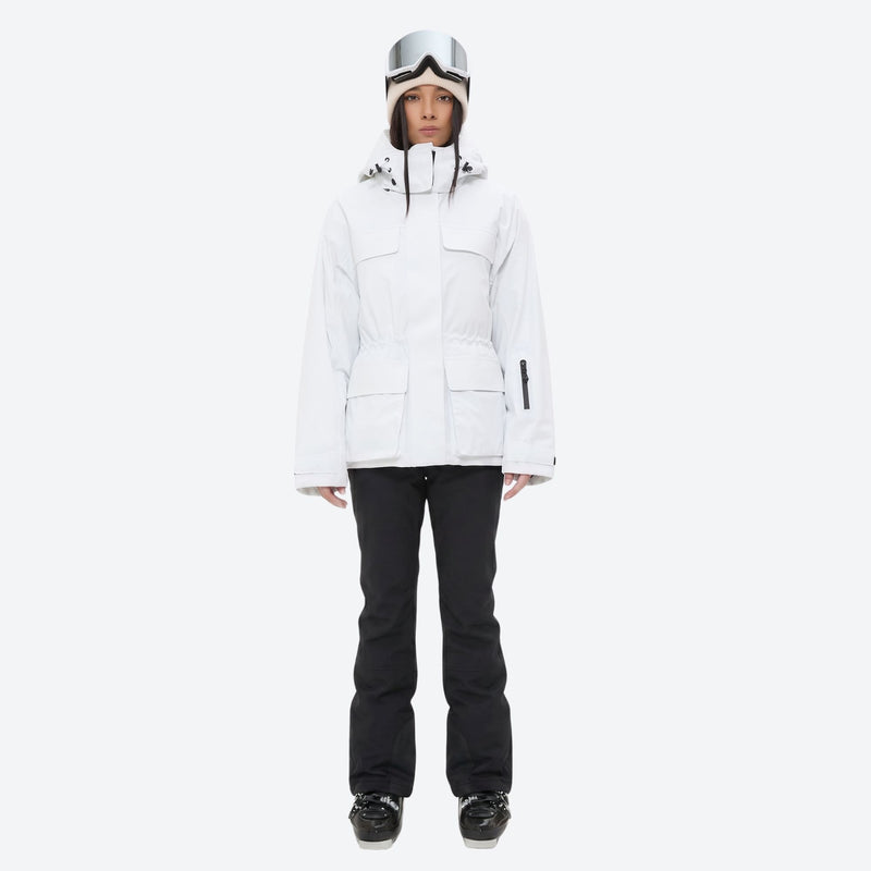 Women's waterproof 3L ski jacket and pants set - white jacket with black pants, for cold-weather winter sports