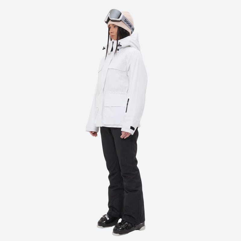Women's 3-layer breathable ski suit - white jacket with black pants, on-model side view, for skiing and snowboarding