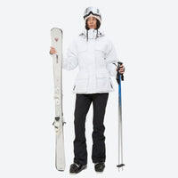 
                  
                    Women's belted snow jacket with suspender pants - white jacket with black pants, for snowy mountain travel
                  
                