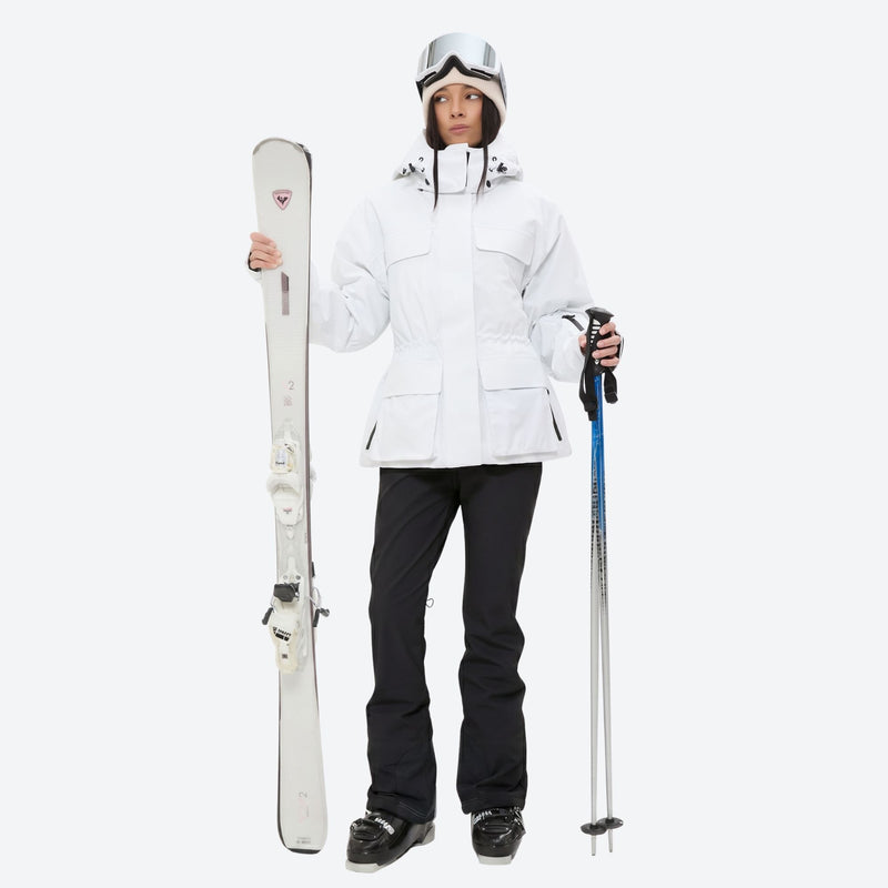 Women's belted snow jacket with suspender pants - white jacket with black pants, for snowy mountain travel