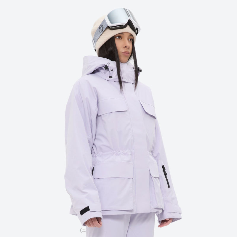 Women's 3-layer breathable ski suit - lavender, on-model hood side view, for skiing and snowboarding