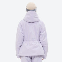 
                  
                    Women's belted snow jacket with suspender pants - lavender, on-model back hood view, for cold-weather winter sports
                  
                