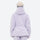 Women's belted snow jacket with suspender pants - lavender, on-model back hood view, for cold-weather winter sports