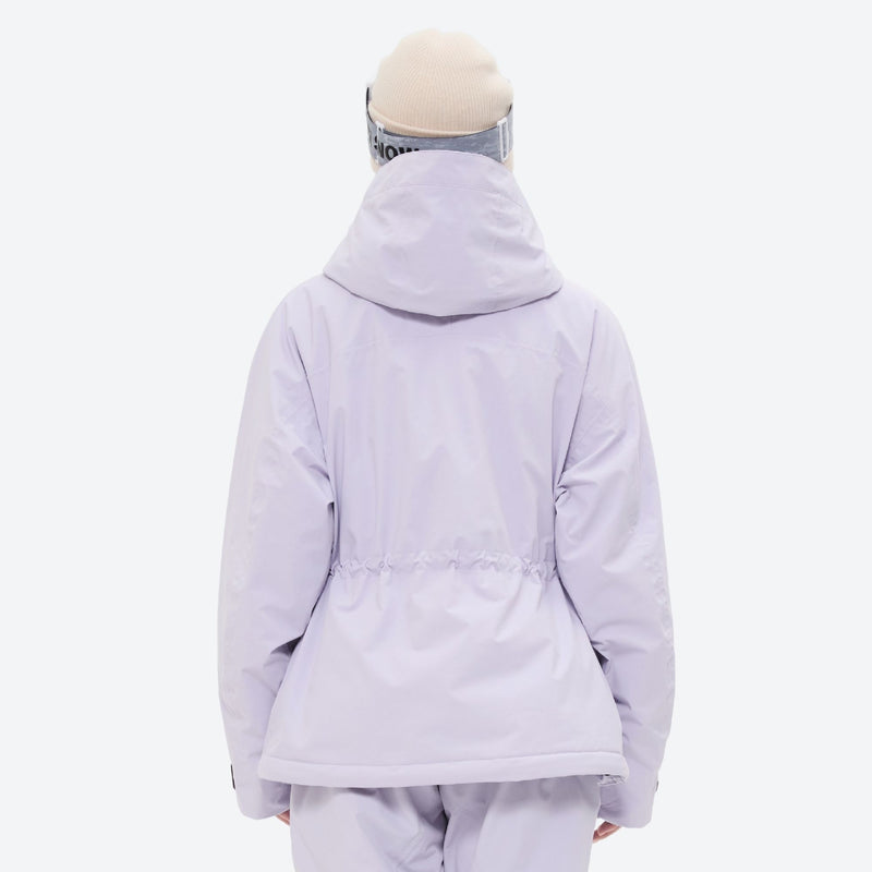Women's belted snow jacket with suspender pants - lavender, on-model back hood view, for cold-weather winter sports