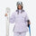 Women's waterproof 3L ski jacket and pants set - lavender, front with upright skis and poles, for cold-weather winter sports