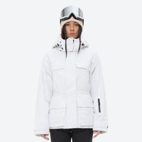
                  
                    Women's belted snow jacket with suspender pants - white, for resort and cross-country days
                  
                