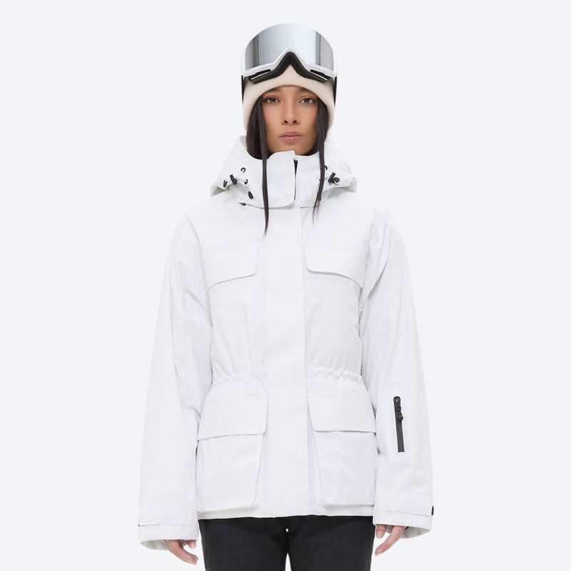 Women's belted snow jacket with suspender pants - white, for resort and cross-country days