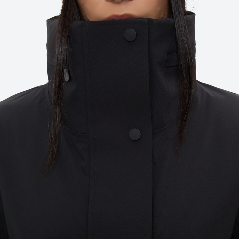 Women's belted snow jacket with suspender pants - black, collar close-up detail, for skiing and snowboarding