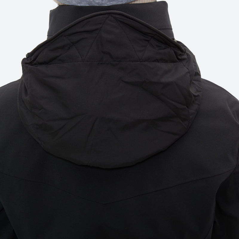 Women's 3-layer breathable ski suit - black, back hood close-up detail, for resort and cross-country days