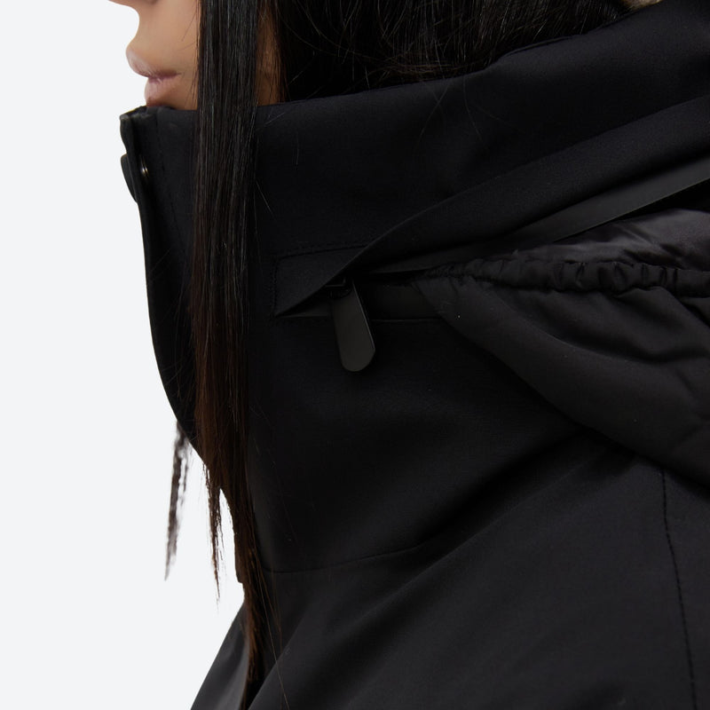 Women's waterproof 3L ski jacket and pants set - black, collar and hood close-up detail, for skiing and snowboarding